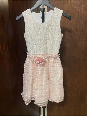 Place White & Light Pink Striped Floral Belt Party Dress